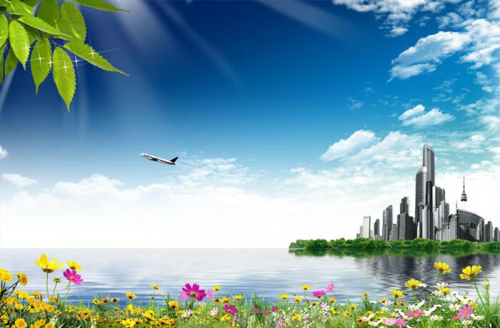 蓝天白云海洋小岛上的现代城市花朵花卉