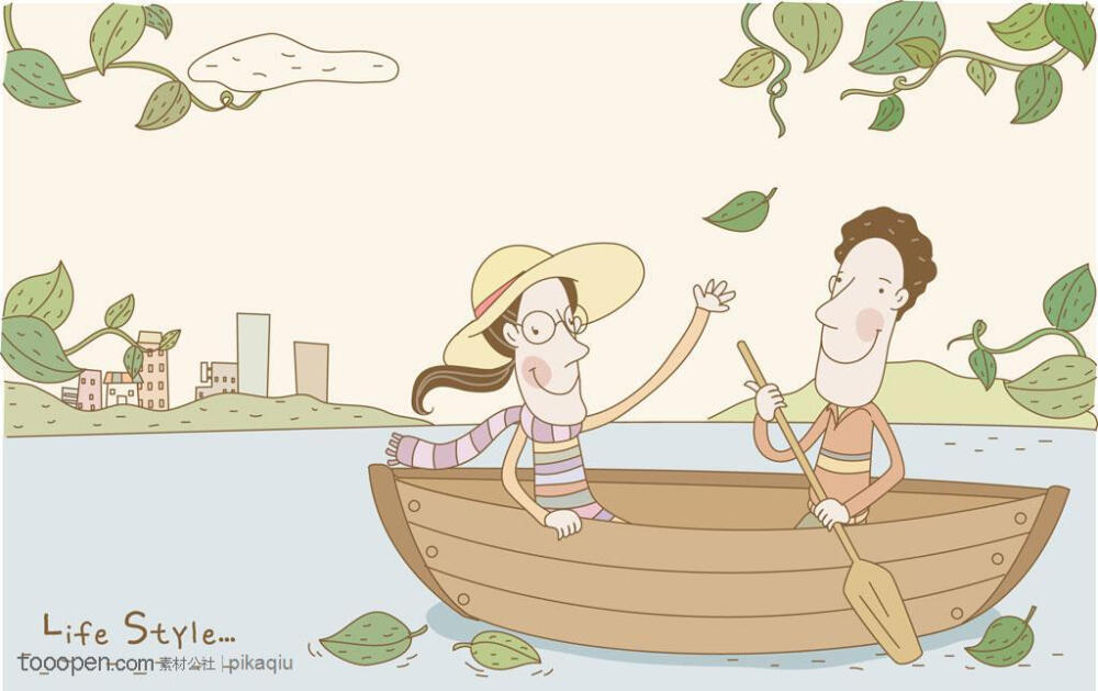 韩国时尚人物矢量素材卡通公园湖泊上划船的情侣