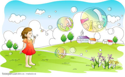 手绘在草地上吹泡泡的卡通小女孩