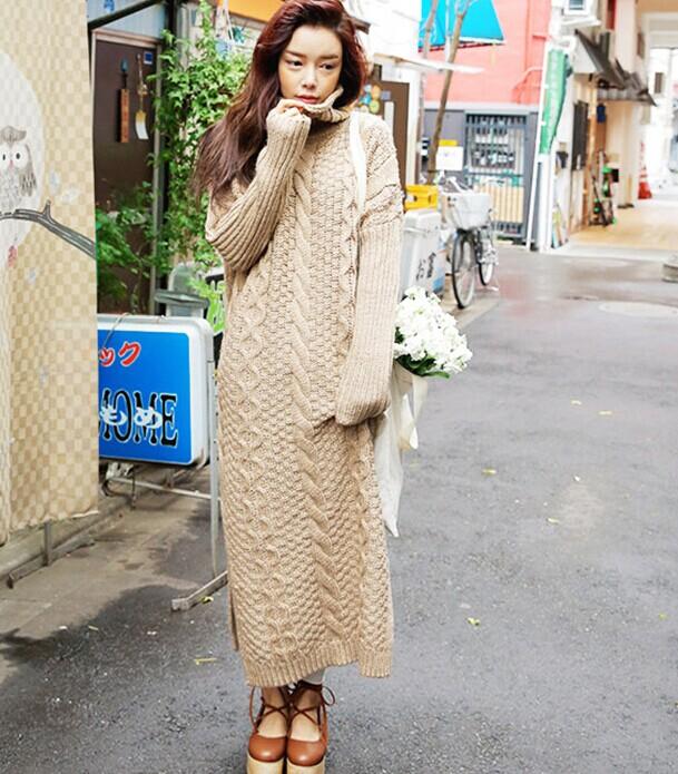 韩国冬装麻花编织长款针织连衣裙