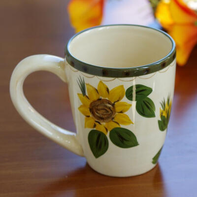 玫瑰罗曼 欧式田园手工彩绘陶瓷杯子水杯 向日葵马克杯