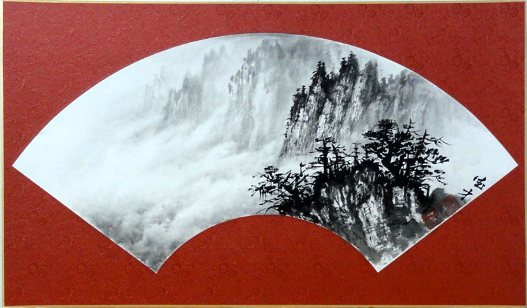 收藏国画名家字画真迹扇形卡板小品纯手绘水墨写意山水画pb18