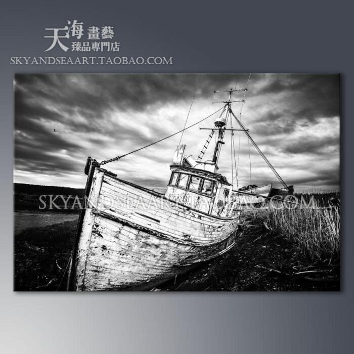 loft破旧木船黑白摄影后工业照片超大幅 现代装