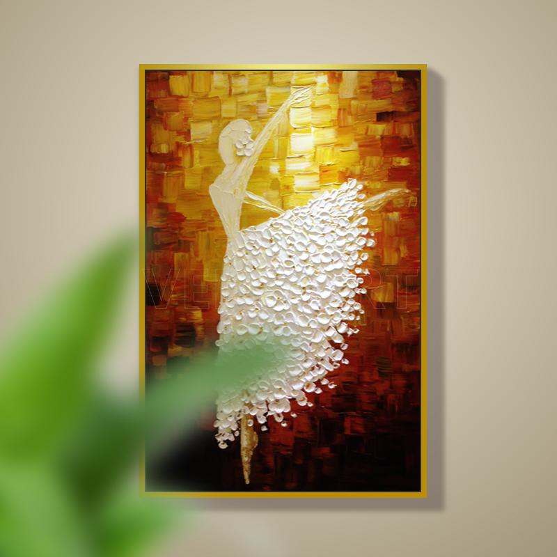 veryart白裙舞女立体客厅玄关装饰画抽象人物油画手绘芭蕾舞油画