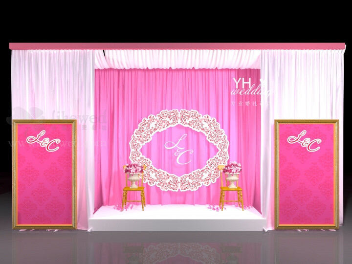 深粉色婚礼3d效果图 场景包裹性很强 粉色也很有喜庆感 ~区域多 ,合影