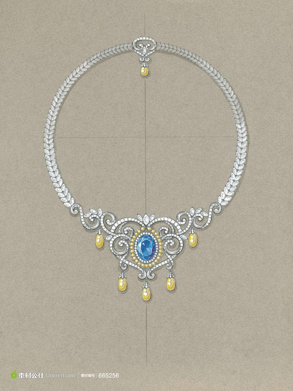 珠宝手绘图黄蓝宝钻石项链
