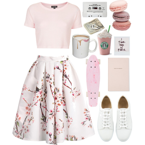 2015 featuring ribbed t shirt floral print skirt and tenny