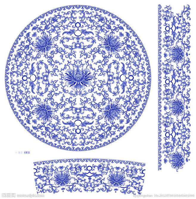 蓝彩花 (通道分层) 花纸设计 青花瓷花.