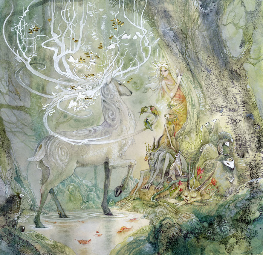 来自艺术家 stephanie law 的水彩画作,华丽绝艳,金箔的使用确实是锦