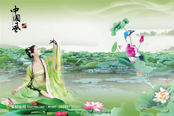 荷花池和古典美女分层素材