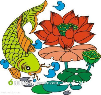 中式古典吉祥莲花池鲤鱼戏水纹样