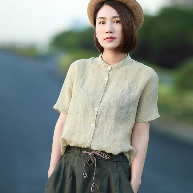 6.8 亚麻上衣立领衬衣女夏薄宽松纯色短袖衬衫文艺气质2015新