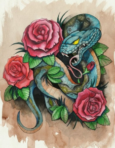 蛇盘牡丹花纹身图案—最有名的北京纹身店东方印记收集整理.
