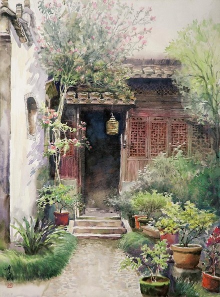 来自中国画家陈重武的水彩画作品,画的都是徽州乡村特有的古风建筑及