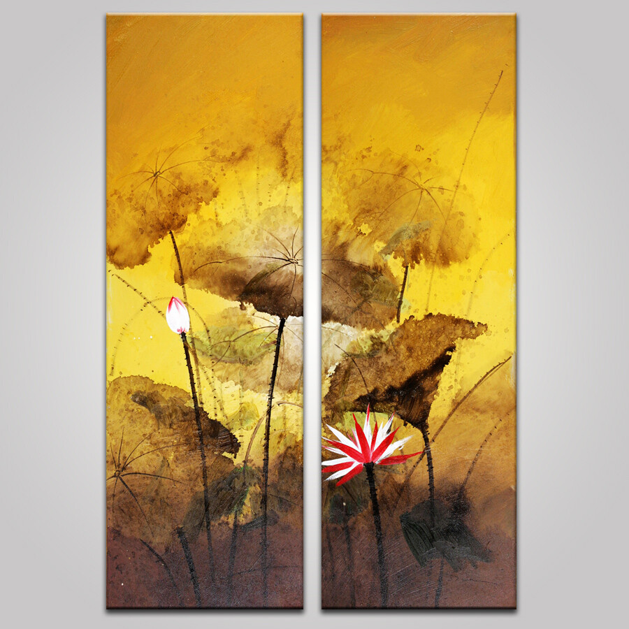 veryart国画水墨风格荷花家居装饰画 手绘二联油画中式客厅装饰画