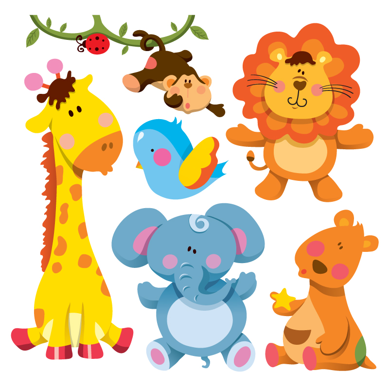 7款可爱卡通动物矢量素材,素材格式:eps,素材关键词:动物,大象,狮子
