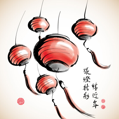 春节水墨红灯笼矢量素材,素材格式:eps,素材关键词:2015年,羊年,水墨