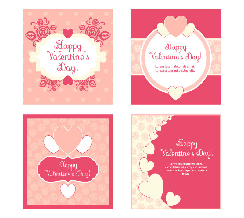 4款粉色情人节爱心卡片矢量素材,素材格式:ai,素材关键词:粉色,玫瑰
