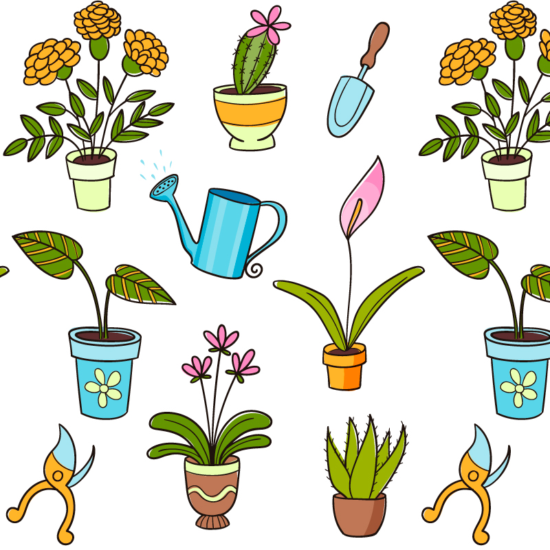 卡通盆栽无缝背景矢量素材,素材格式:eps,素材关键词:花卉,盆栽,园艺