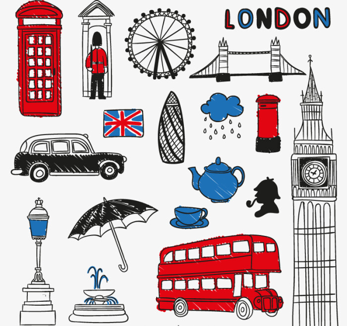 素材格式:ai,素材关键词:手绘,电话亭,车,大本钟,伦敦,伦敦眼,茶壶