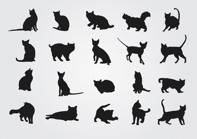 20款黑色猫咪剪影矢量素材,素材格式:ai,素材关键词:猫,宠物,剪影