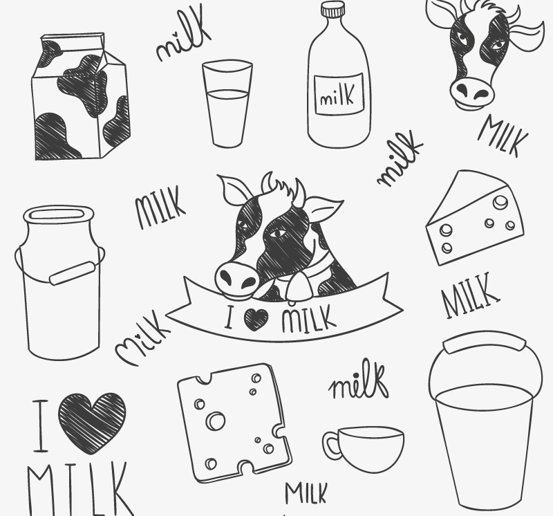11款手绘奶牛与牛奶制品矢量素材,素材格式:ai,素材关键词:丝带,牛奶