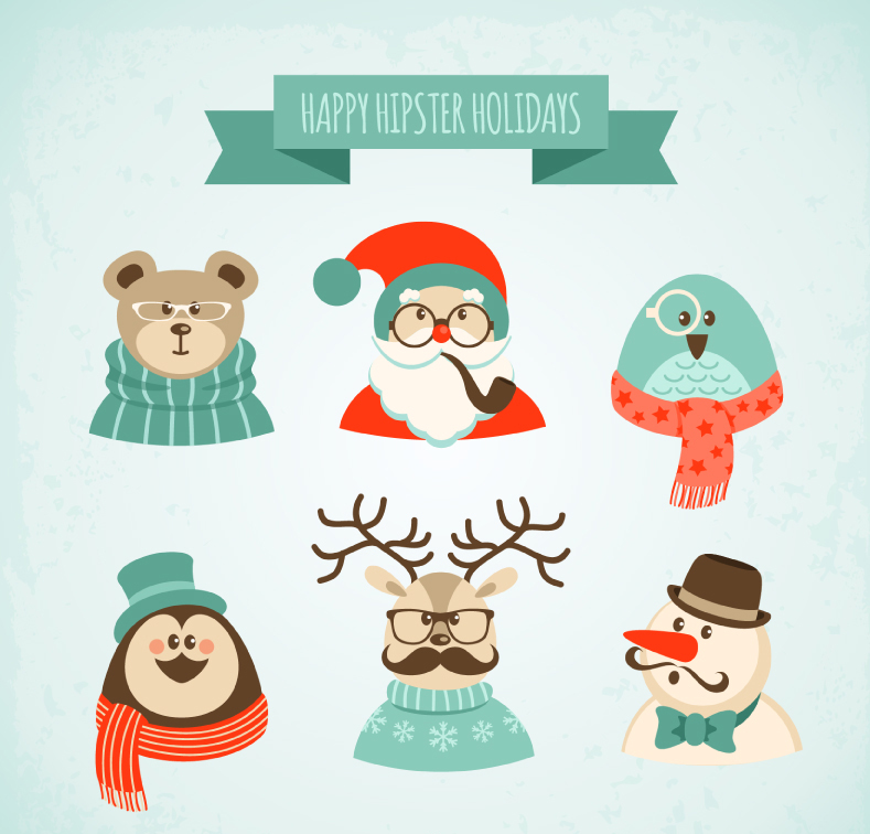 6款卡通圣诞角色矢量素材,素材格式:ai,素材关键词:动物,驯鹿,企鹅,熊