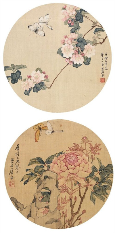 居廉 花卉粉蝶团扇 镜框尺寸:直径25cm;直径26cm钤印:古泉 (两次)题识