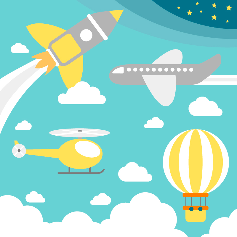 卡通飞行设备背景矢量素材,素材格式:ai,素材关键词:热气球,火箭,飞机