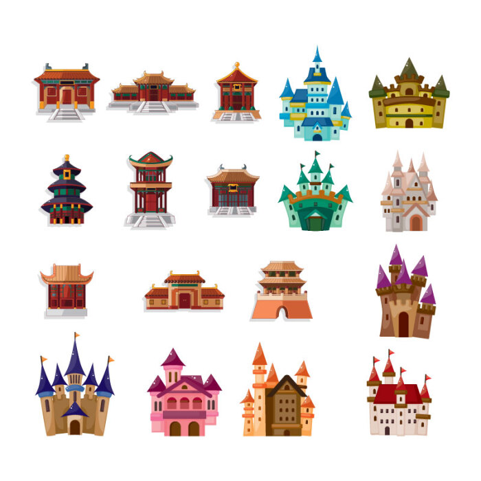 20款城堡宫殿建筑图标矢量素材,素材格式:ai,素材关键词:城堡,宫殿