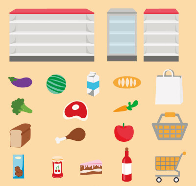 素材格式:eps,素材关键词:水果,食物,蔬菜,牛奶,面包,超市,购物车