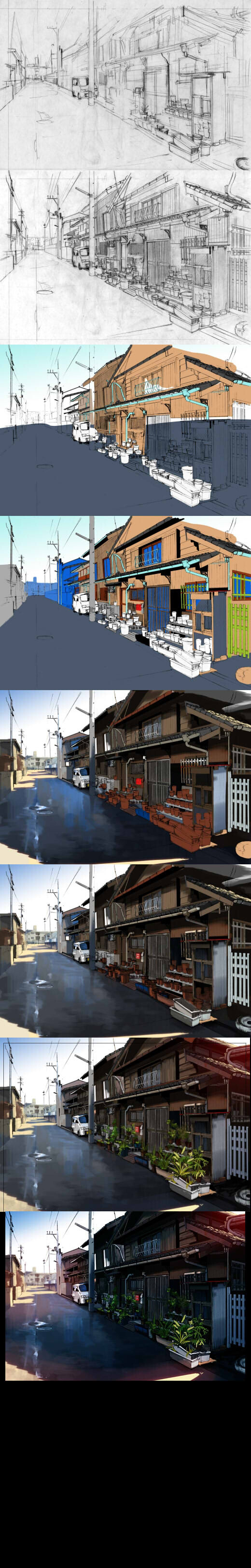 日本乡村场景绘制过程-flyt漫画教程