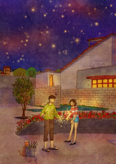分享来自韩国插画师puuung充满浪漫与温馨情调的情侣插画作品,每一张
