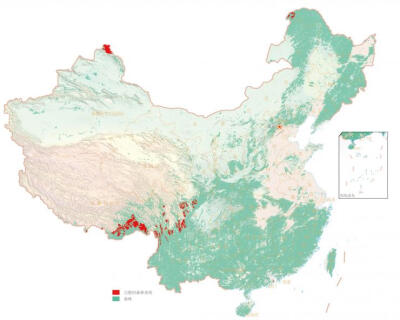 图中的红色部分表示现今接近于原始森林的"完整森林"