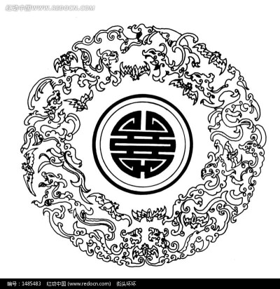 中国古典图案-寿字纹和卷曲纹龙纹构成的圆形图案图片