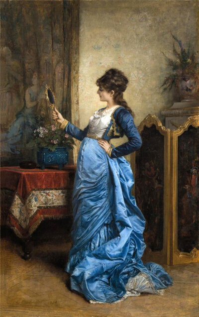 auguste toulmouche的油画写实细腻,除了美丽女性面部和服饰的细致的