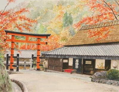 插画师hiroki的东京小镇街头建筑水彩画