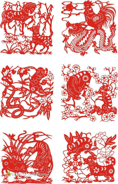 中国民间剪纸艺术动物剪纸图案矢量素材