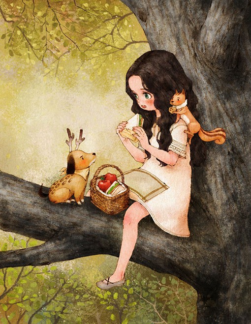 来自插画师aeppol的一组浪漫唯美的童话风格的女生插画作品.