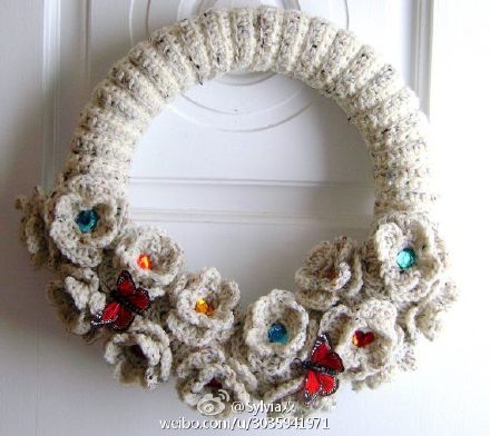 国外的钩针圣诞花环christmas wreath 美美哒 素色系 立体钩花