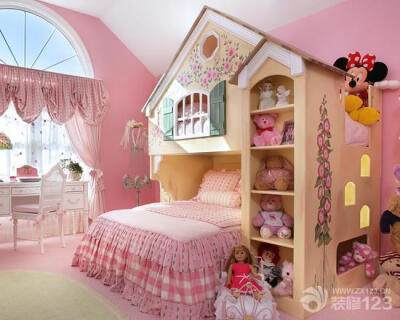 温馨可爱女孩儿童房卧室兼书房装修效果图欣赏