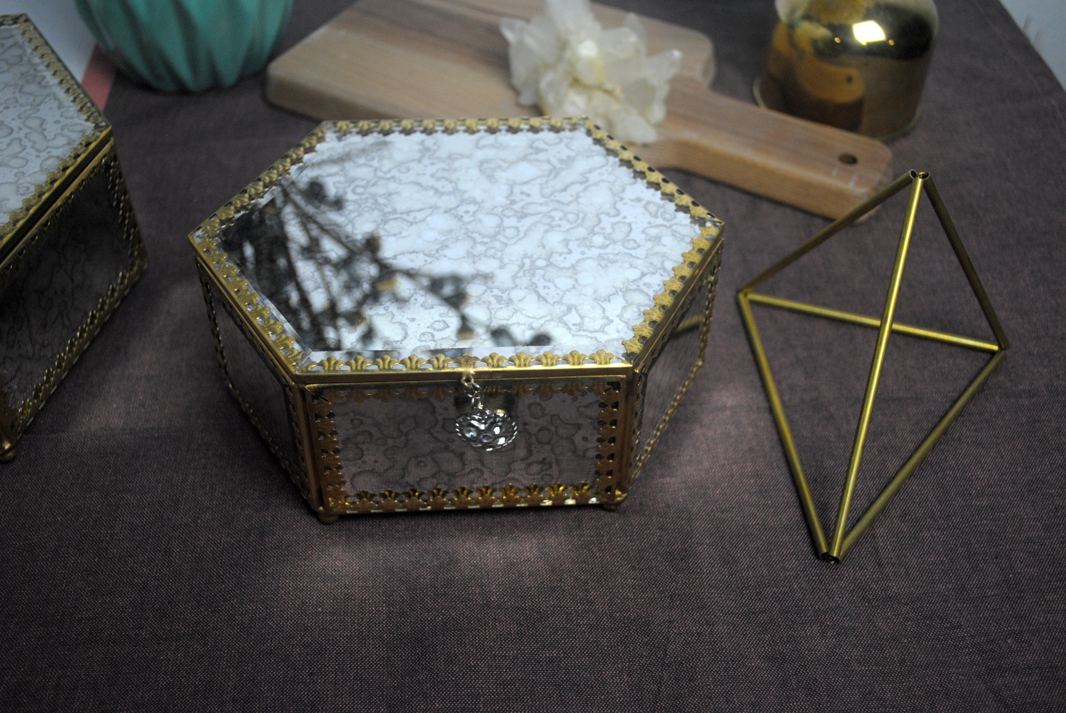 欧式玻璃透明四边/六边首饰盒摆件创意铜色收纳珠宝盒家居装饰品
