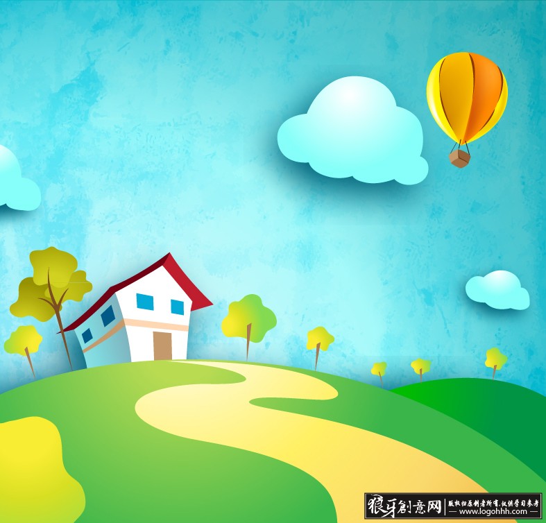 可爱儿童画 幼儿插画 热气球,云朵,卡通树木,道路,卡通风景 动漫插画