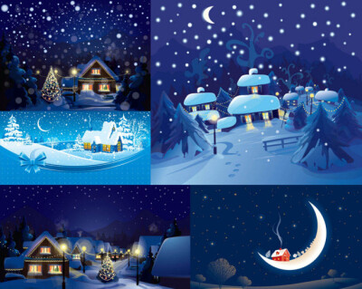 下雪夜景 冬天夜晚 房子插画 房屋插画 月牙月亮插画 雪天雪景 树木