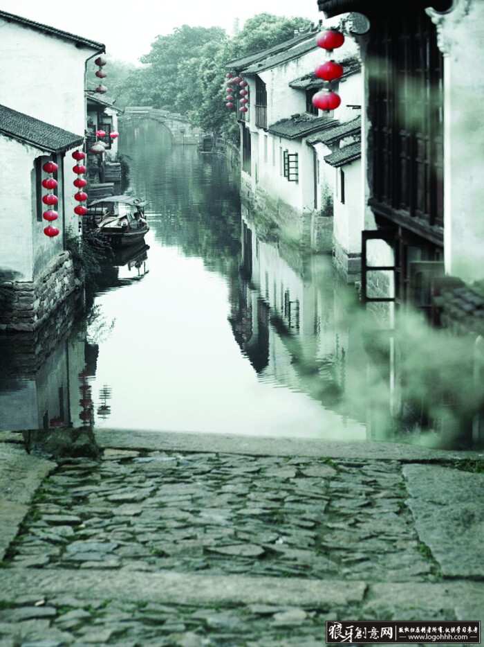 中国古建筑背景 江南水乡 中国风建筑物 灯笼 小河流水 中国古代建筑