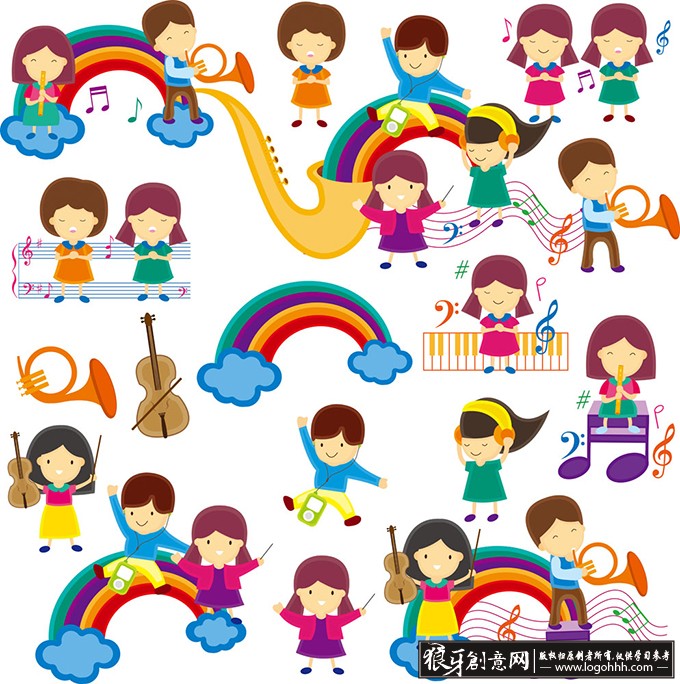 彩虹音乐符号,卡通女孩,儿童节快乐素材儿童幼儿,矢量儿童节素材