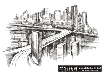 手绘城市矢量图,矢量手绘高楼大厦线稿图片,矢量手绘高架桥素材