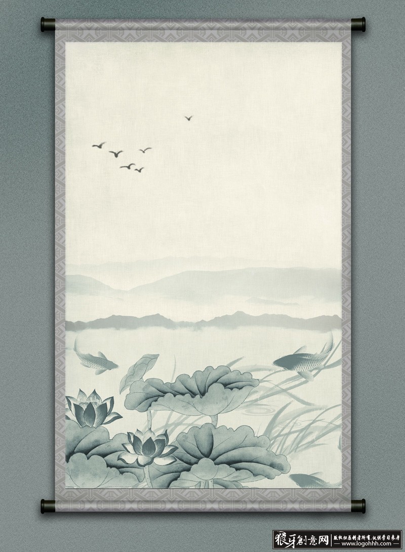 背景素材 大气国画背景 荷花 卷轴 水墨画背景 国画山脉 中国风山水画