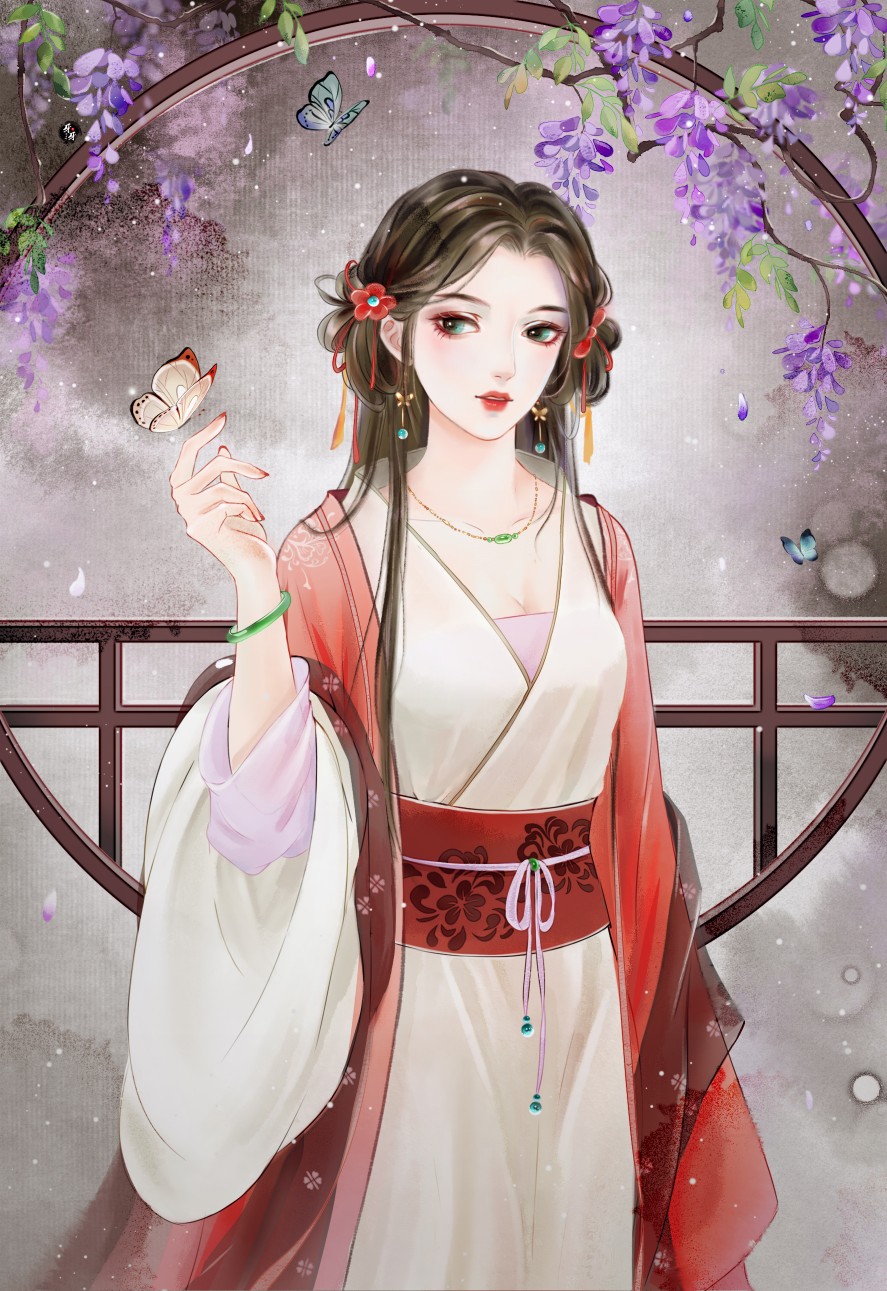 古风美人 红衣 《小美人1》_may牙牙__插画师作品