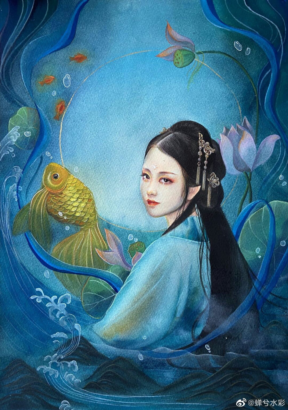 古风水彩插画人物作者蝉兮水彩来自微博